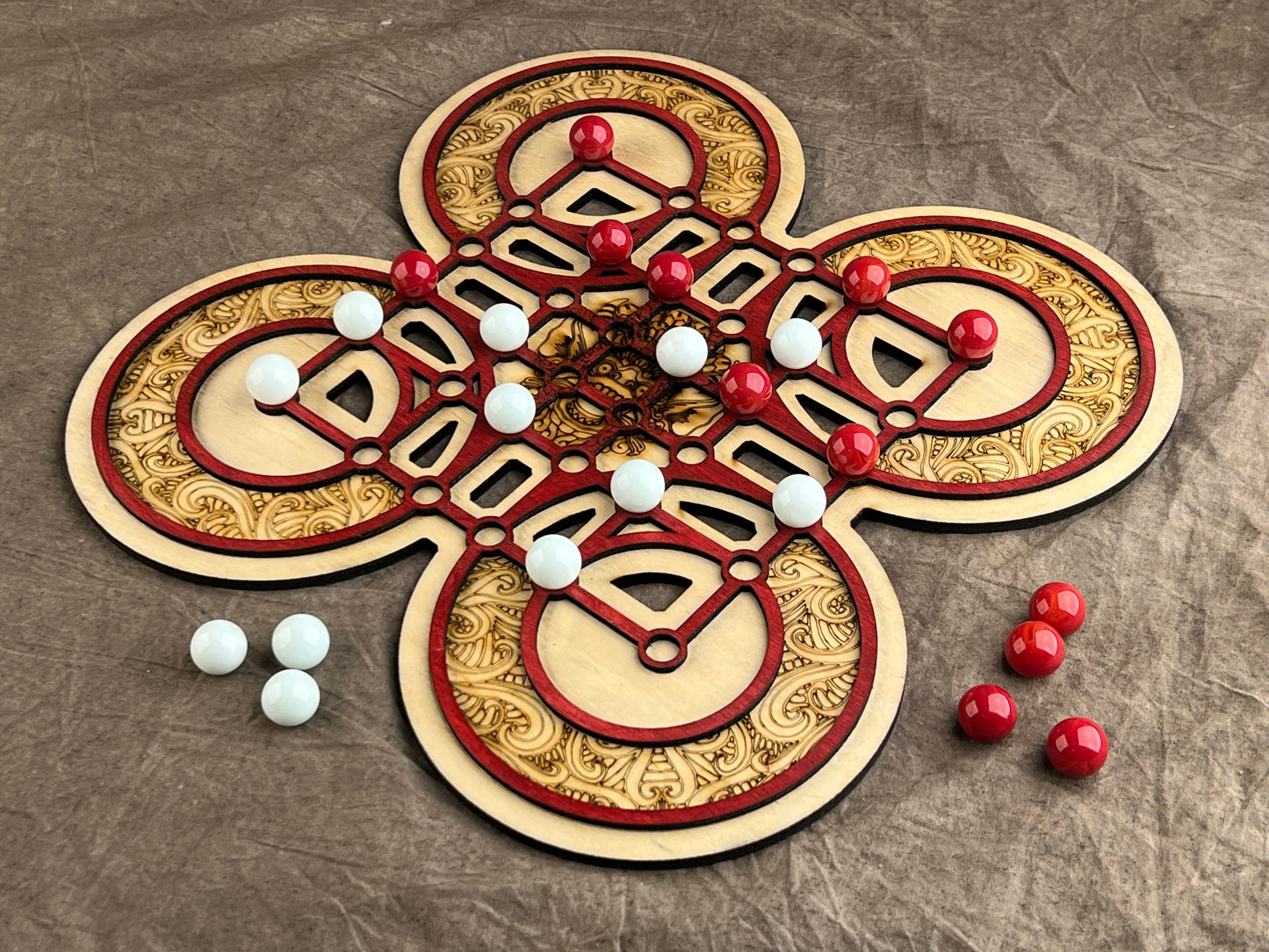 Surakarta! A Mysterious Abstract Game from the exotic land of Indonesia. Wood & Hand Made Glass Marbles!