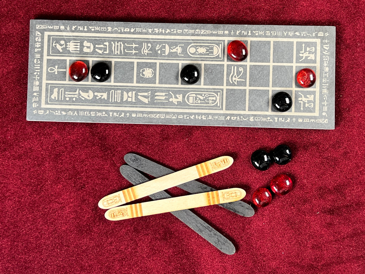 ASEB ~ The Ancient Egyptian Game of 20 Squares. Engraved in Natural Stone, Featuring Glass Pawns and Egyptian Casting Sticks.