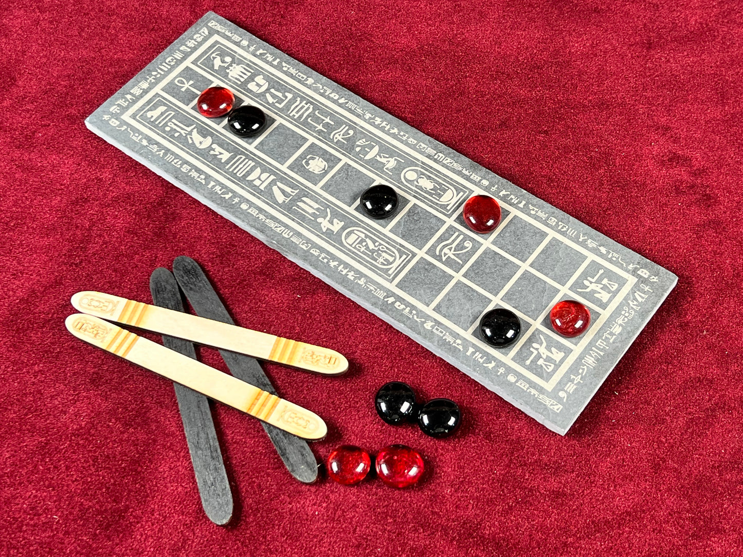 ASEB ~ The Ancient Egyptian Game of 20 Squares. Engraved in Natural Stone, Featuring Glass Pawns and Egyptian Casting Sticks.